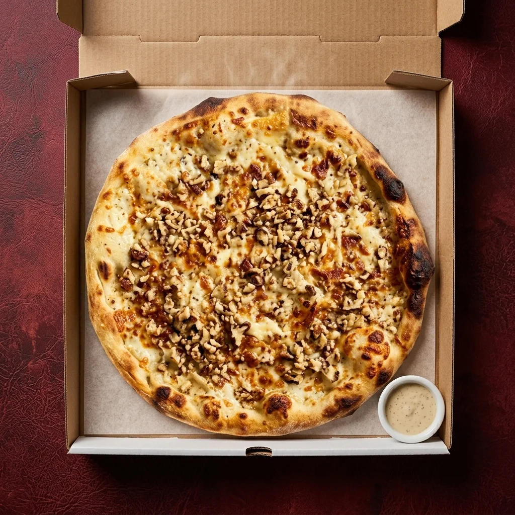 Four Cheese Pizza – mozzarella, brie, gorgonzola and parmesan with honey, pear and walnuts at CrustyCraft Pizza Transcona Winnipeg