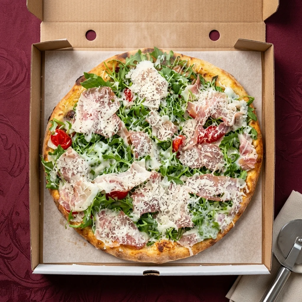 Prosciutto Crudo Pizza – prosciutto, arugula and cherry tomatoes at CrustyCraft Pizza Transcona Winnipeg